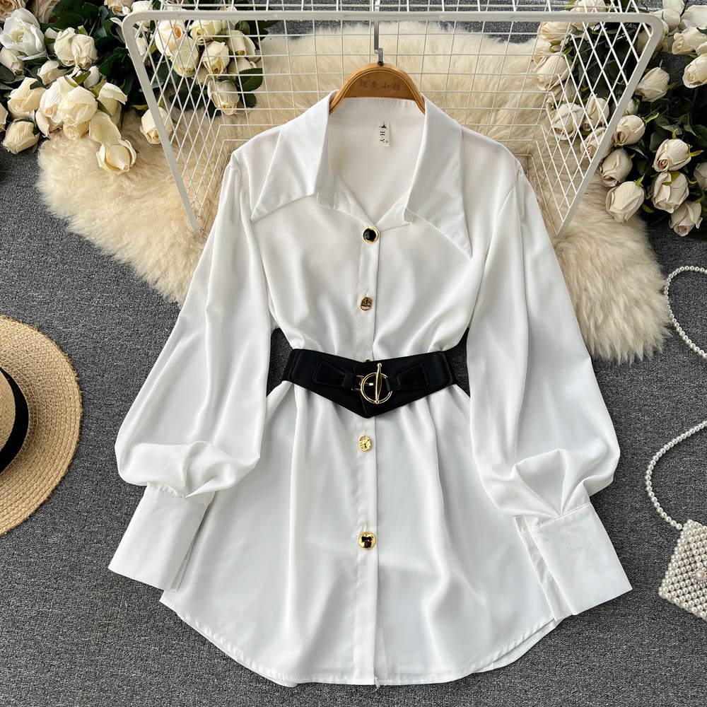 Belted Shirt Dress - Jupe longue blanche élégante pour femme