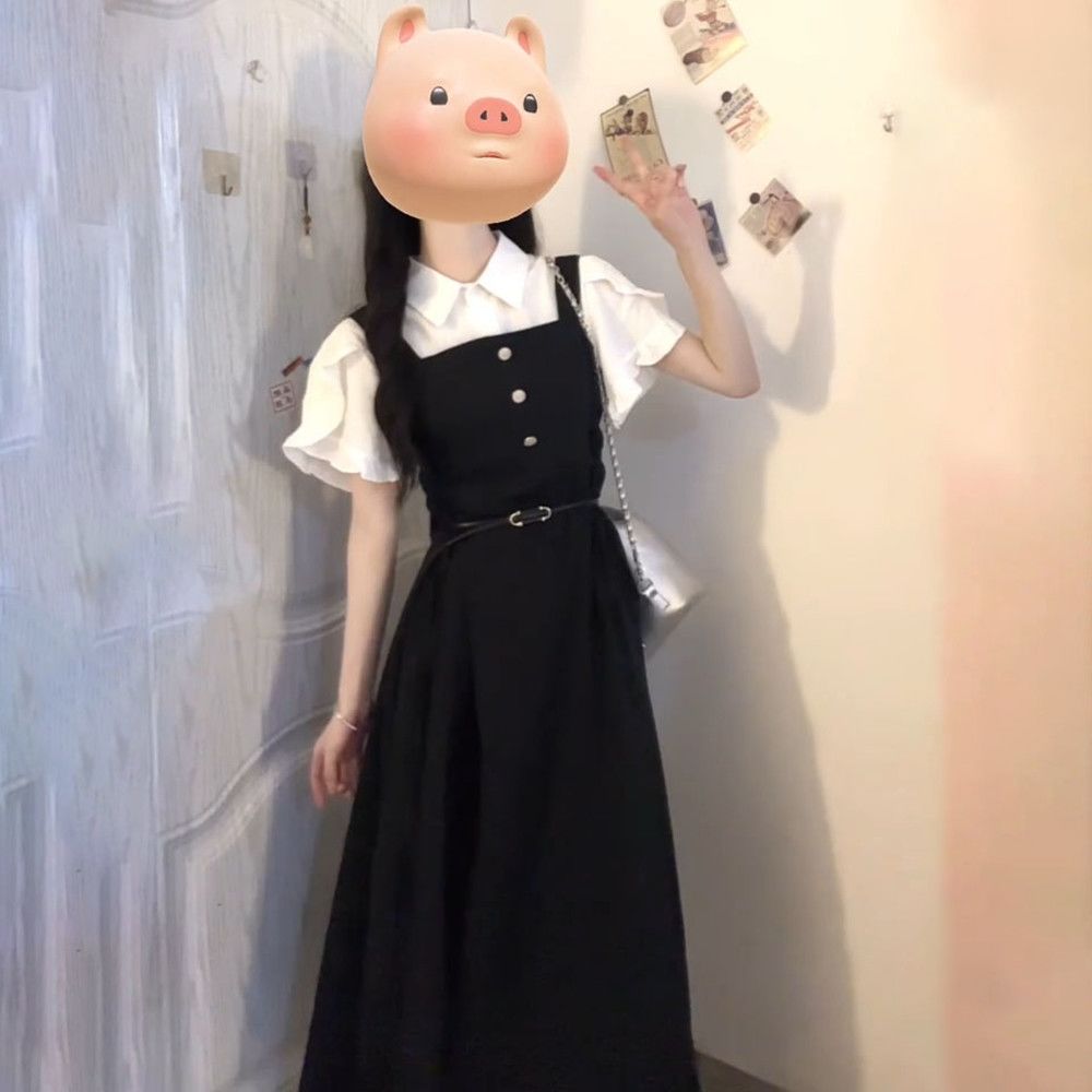 Belted Shirt Dress - Robe noire sans bretelles de style