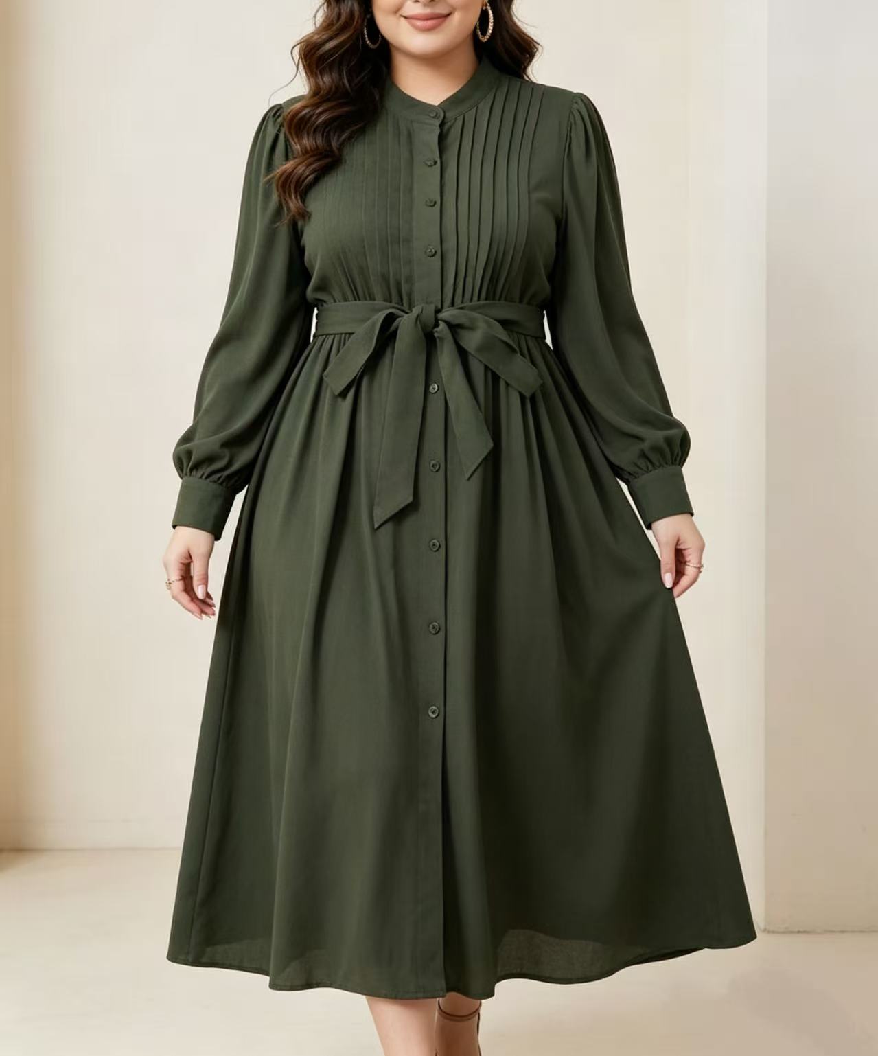 Belted Shirt Dress - Robe longue plissée vert armée pour