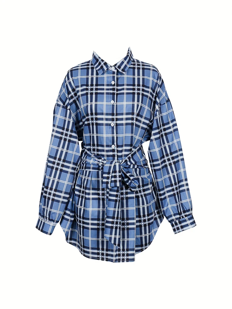 Belted Shirt Dress - Robe chemise à carreaux pour femme,