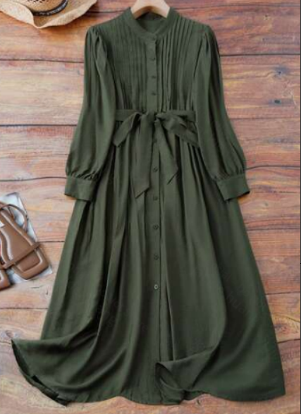 Robe longue plissée vert armée - Belted Shirt Dress avis et prix