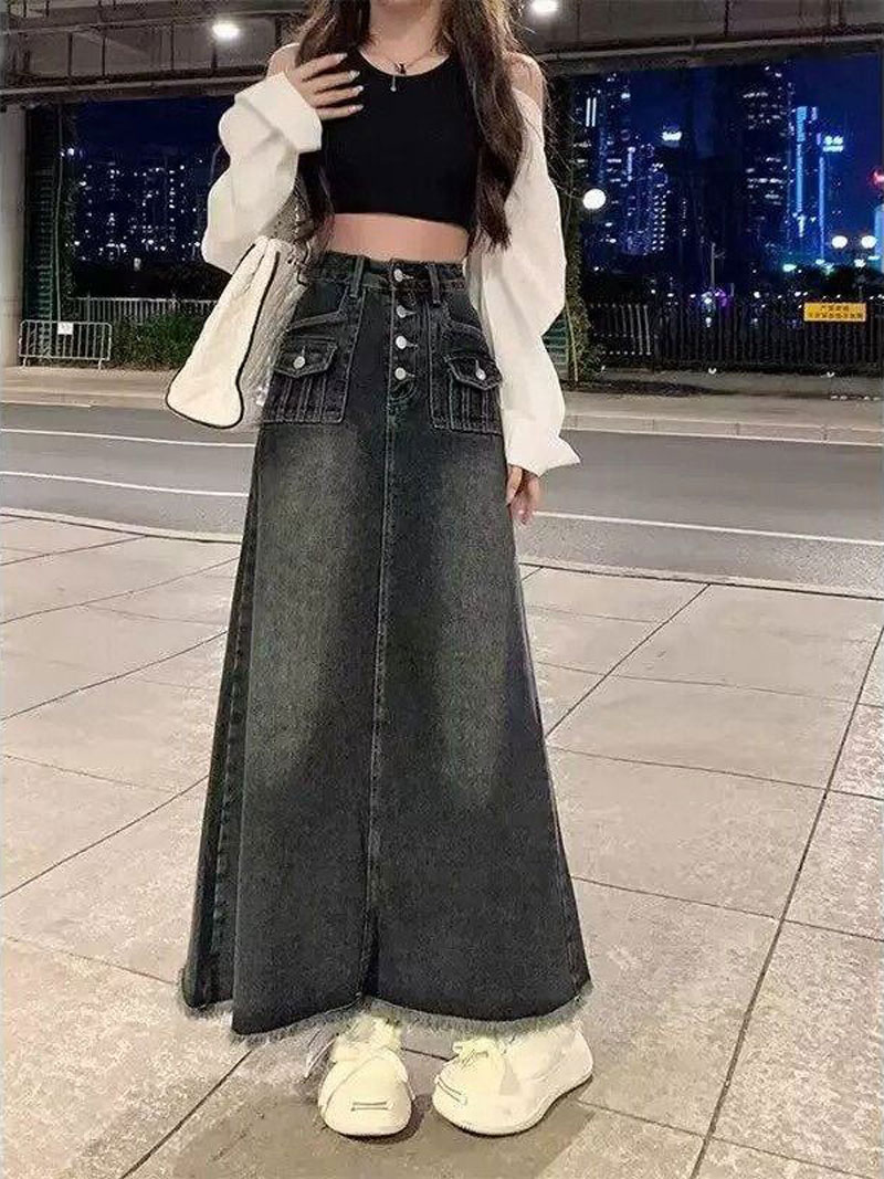 Jupe mi-longue en jean taille  - A-Line Skirt Midi avis et prix